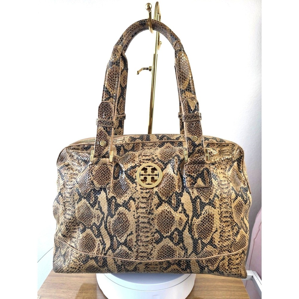 Tory Burch Brown Snakeskin Embossed Leather Satchel Gold Logo Handbag